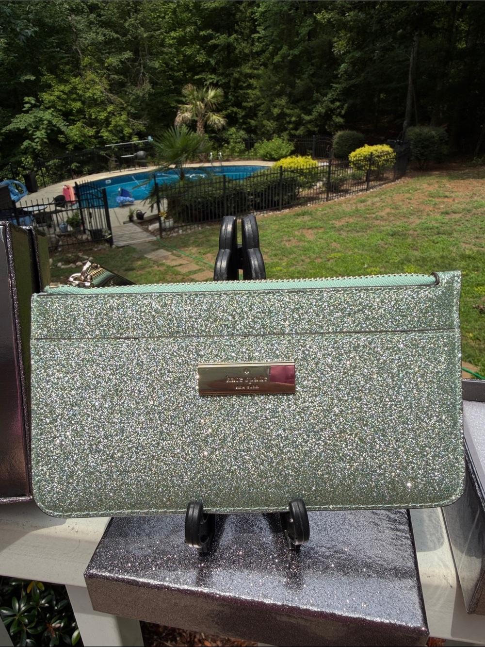 Kate Spade NWT Mini Tote Green Gold Glitter Bag, Wallet, Card Case Retail$580 - Picture 9 of 17